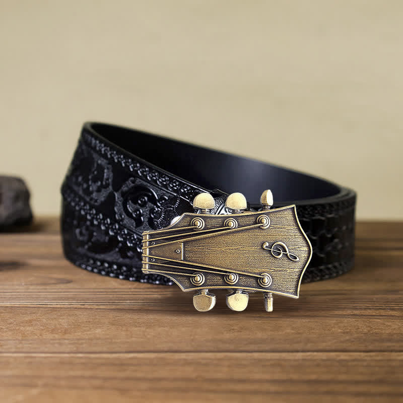 Men's DIY Bronze Guitar Music Buckle Leather Belt - Guitar - Black Carved Belt (40) - image 6