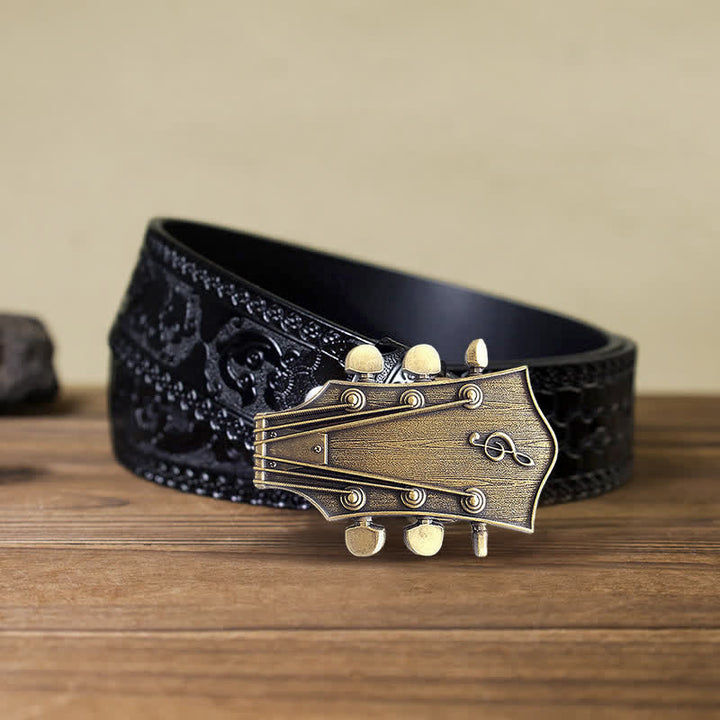 Men's DIY Bronze Guitar Music Buckle Leather Belt - Guitar - Black Carved Belt (40) - image 6