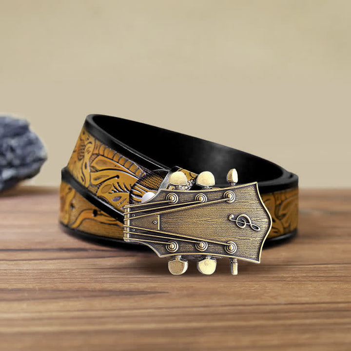 Men's DIY Bronze Guitar Music Buckle Leather Belt - Guitar - SandyBrown Belt (40) - image 8