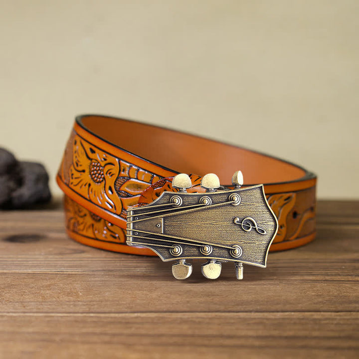 Men's DIY Bronze Guitar Music Buckle Leather Belt - Guitar - Orange Carved Belt (40) - image 9