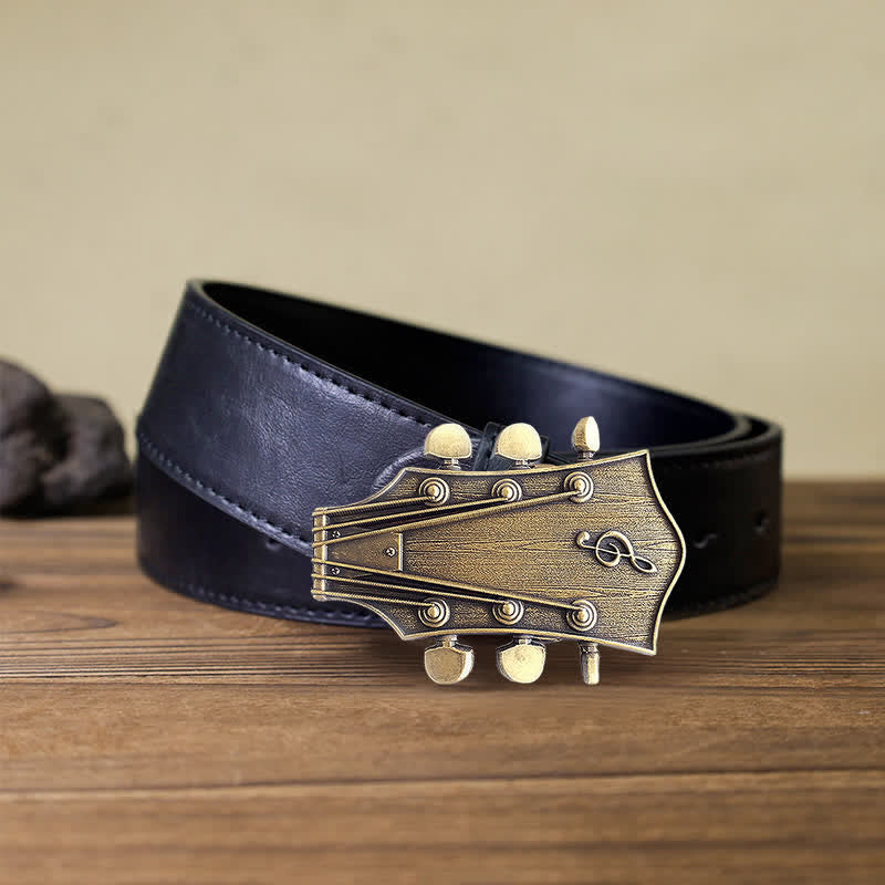 Men's DIY Bronze Guitar Music Buckle Leather Belt - Guitar - Black PU Belt (40) - image 3
