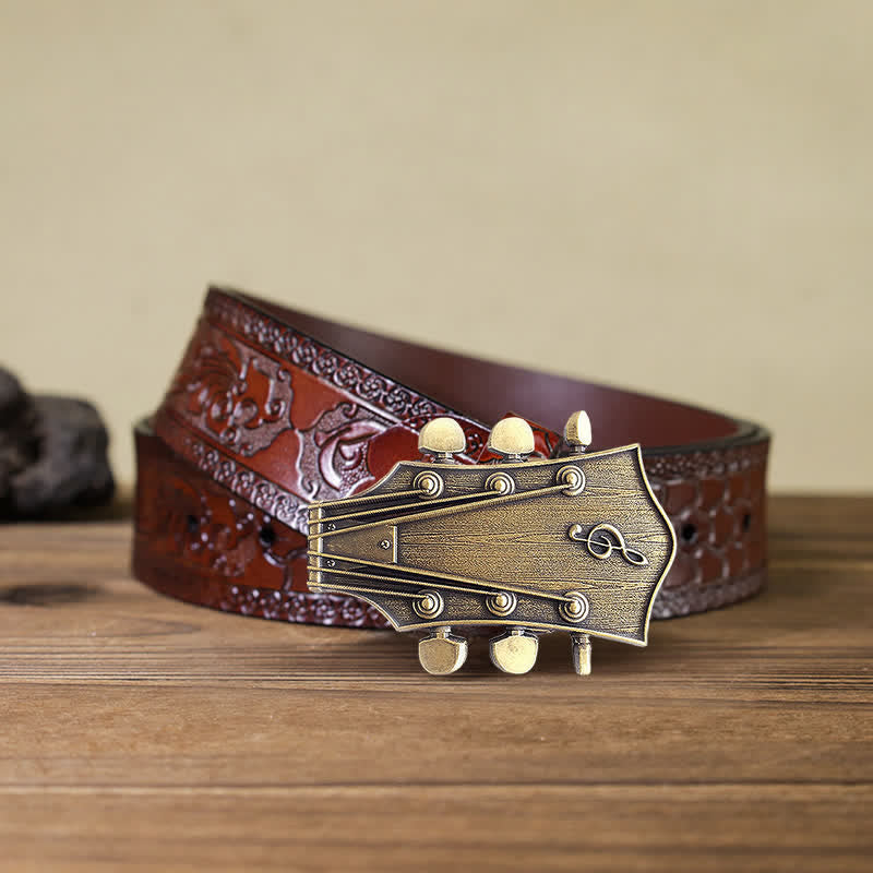 Men's DIY Bronze Guitar Music Buckle Leather Belt - Guitar - Brown Carved Belt (40) - image 7