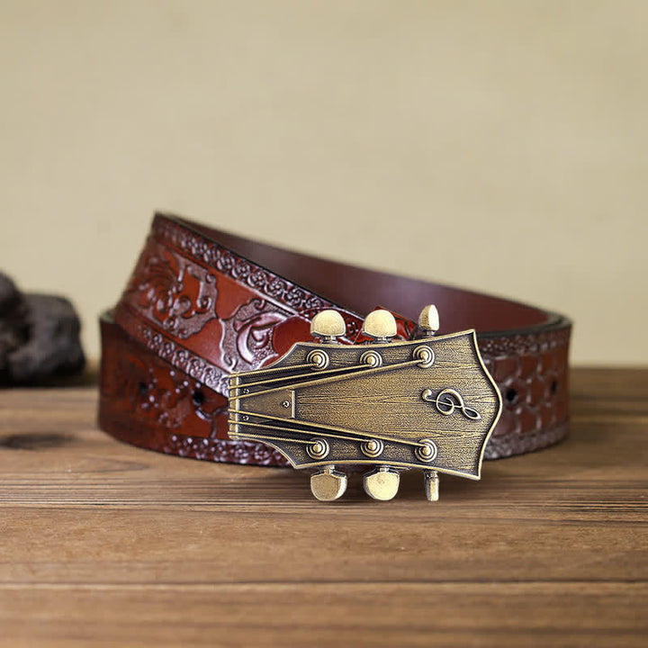 Men's DIY Bronze Guitar Music Buckle Leather Belt - Guitar - Brown Carved Belt (40) - image 7