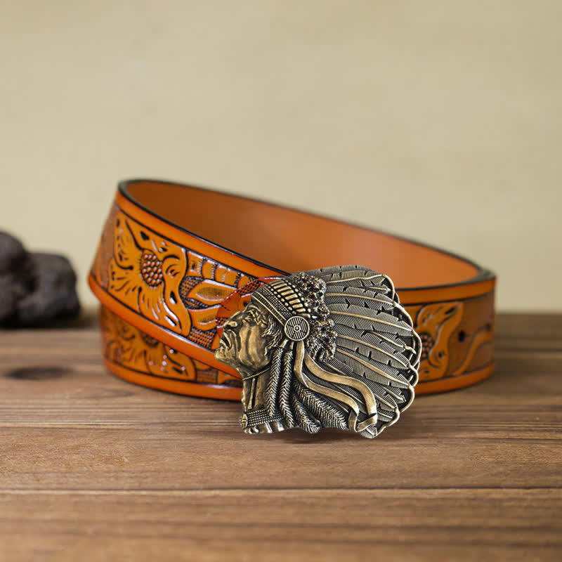Men's DIY Native Chief Head Buckle Leather Belt - Antique Bronze - Orange Carved Belt (40) - image 20