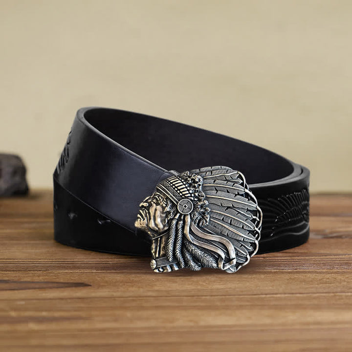 Men's DIY Native Chief Head Buckle Leather Belt - Antique Silver - Black Embossed Eagle Belt (40) - image 5