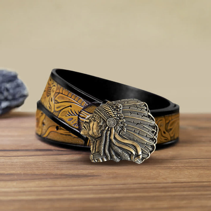 Men's DIY Native Chief Head Buckle Leather Belt - Antique Bronze - SandyBrown Belt (40) - image 19