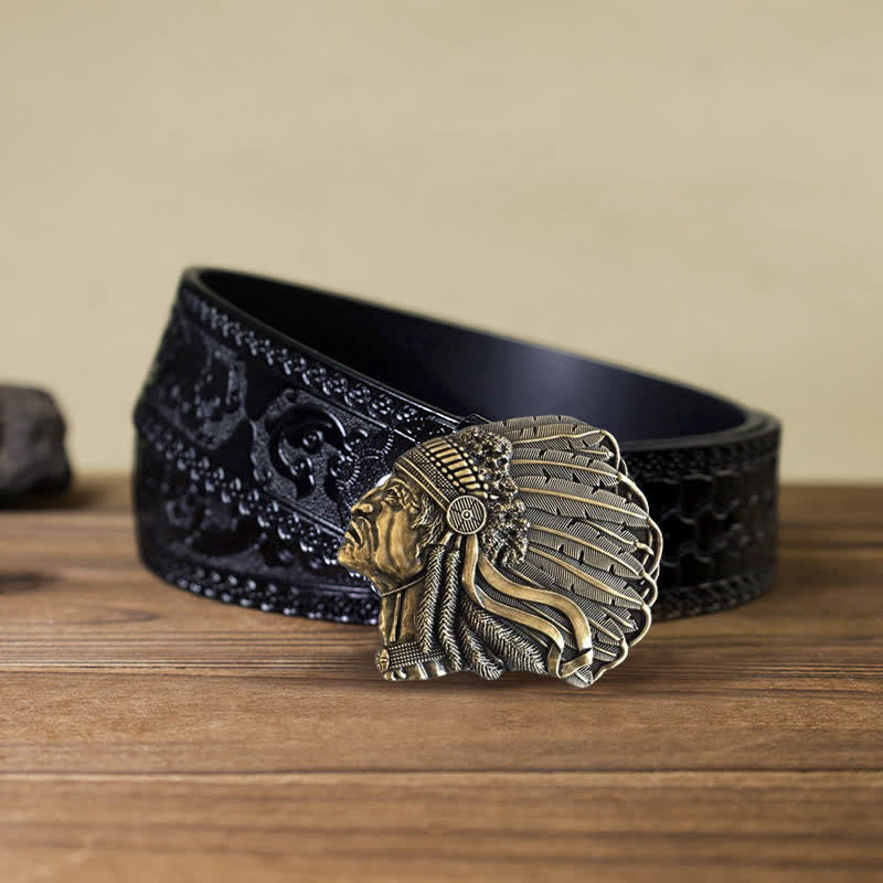 Men's DIY Native Chief Head Buckle Leather Belt - Antique Bronze - Black Carved Belt (40) - image 17