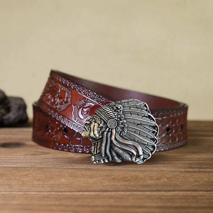 Men's DIY Native Chief Head Buckle Leather Belt - Antique Silver - Brown Carved Belt (40) - image 8