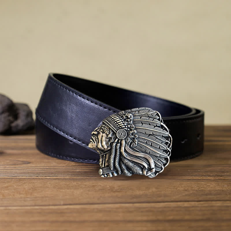 Men's DIY Native Chief Head Buckle Leather Belt - Antique Silver - Black PU Belt (40) - image 4