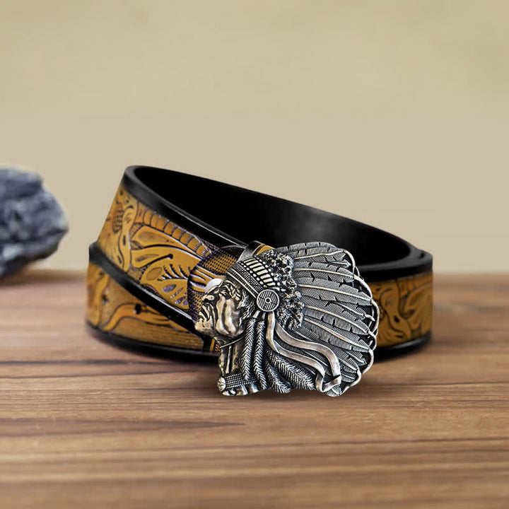 Men's DIY Native Chief Head Buckle Leather Belt - Antique Silver - SandyBrown Belt (40) - image 9