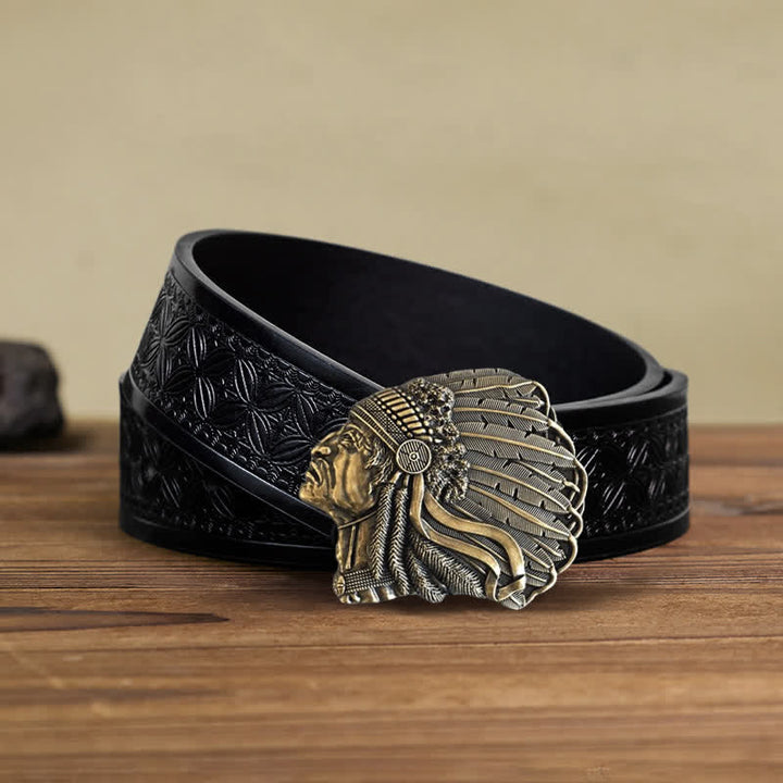 Men's DIY Native Chief Head Buckle Leather Belt - Antique Bronze - Black Embossed Weave Belt (40) - image 16