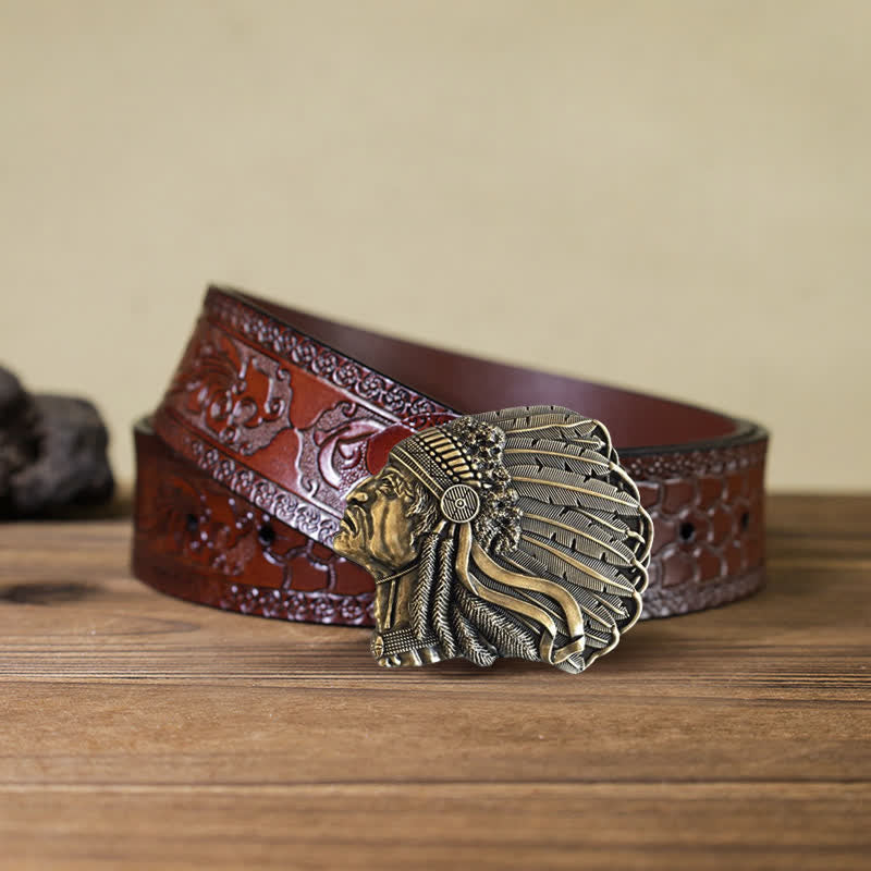 Men's DIY Native Chief Head Buckle Leather Belt - Antique Bronze - Brown Carved Belt (40) - image 18