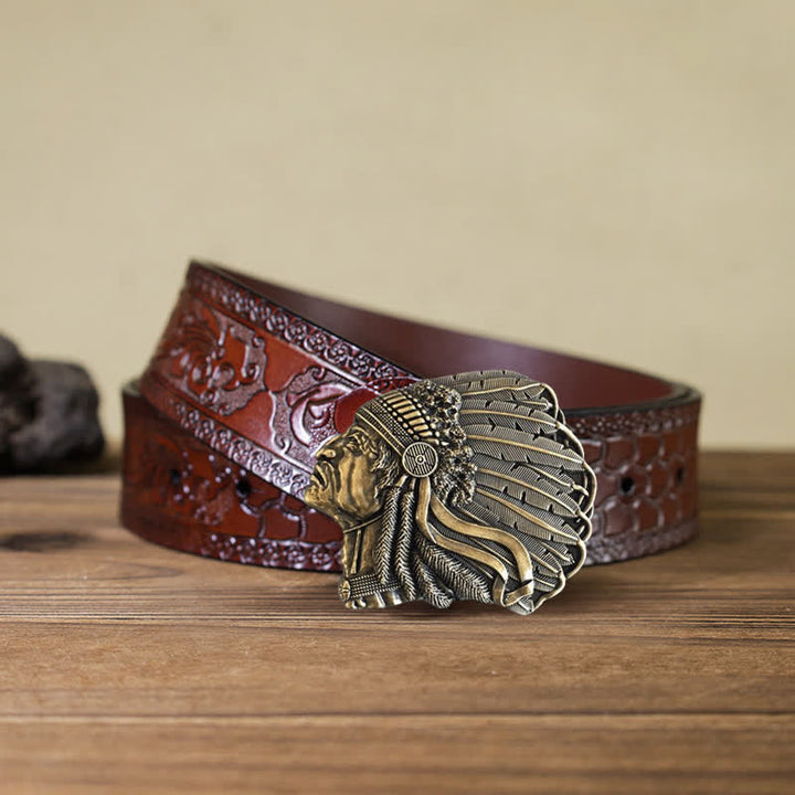 Men's DIY Native Chief Head Buckle Leather Belt - Antique Bronze - Brown Carved Belt (40) - image 18