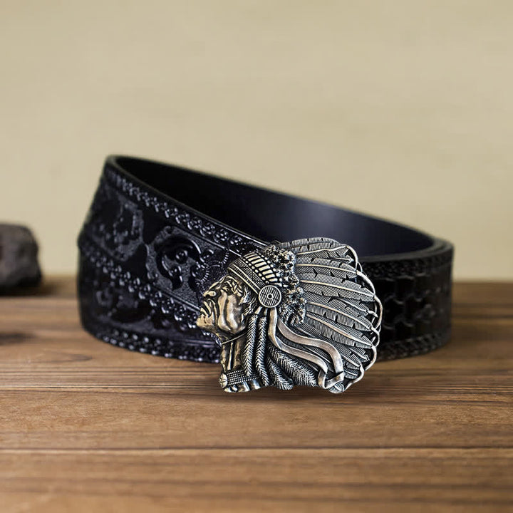 Men's DIY Native Chief Head Buckle Leather Belt - Antique Silver - Black Carved Belt (40) - image 7