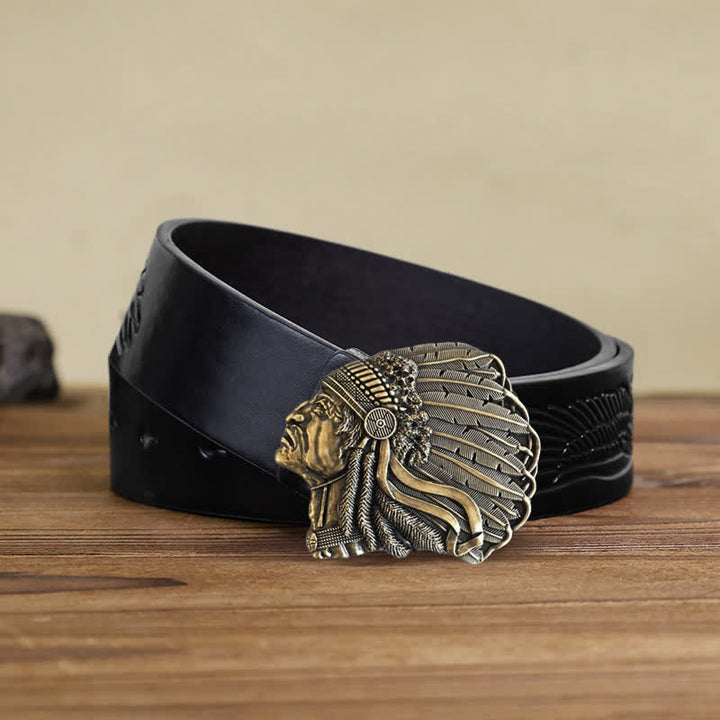 Men's DIY Native Chief Head Buckle Leather Belt - Antique Bronze - Black Embossed Eagle Belt (40) - image 15