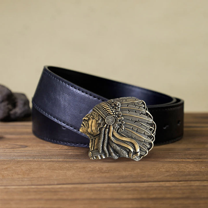 Men's DIY Native Chief Head Buckle Leather Belt - Antique Bronze - Black PU Belt (40) - image 14