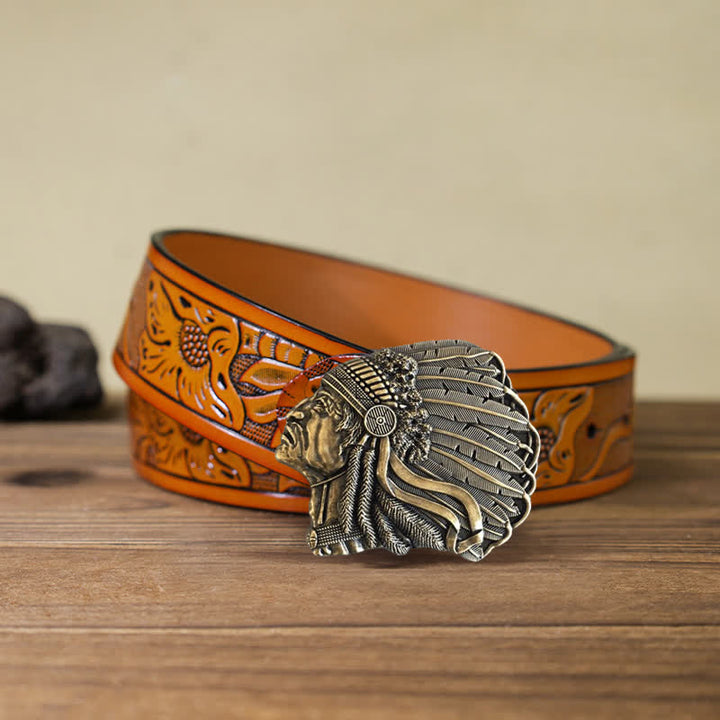Men's DIY Native Chief Head Buckle Leather Belt - Antique Bronze - Orange Carved Belt (40) - image 20