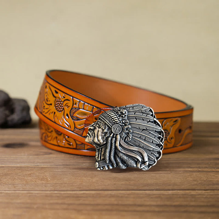 Men's DIY Native Chief Head Buckle Leather Belt - Antique Silver - Orange Carved Belt (40) - image 10