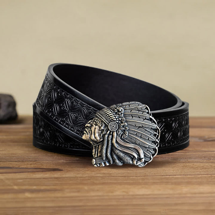 Men's DIY Native Chief Head Buckle Leather Belt - Antique Silver - Black Embossed Weave Belt (40) - image 6