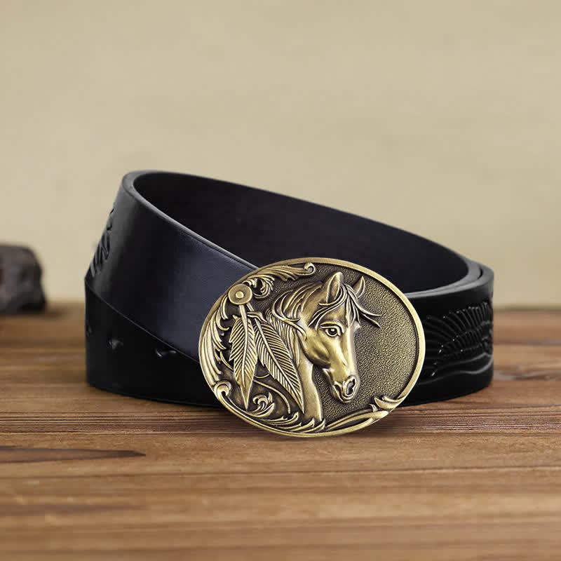 Men's DIY Bronze Horse Buckle Leather Belt - Horse - Black Embossed Eagle Belt (40) - image 5