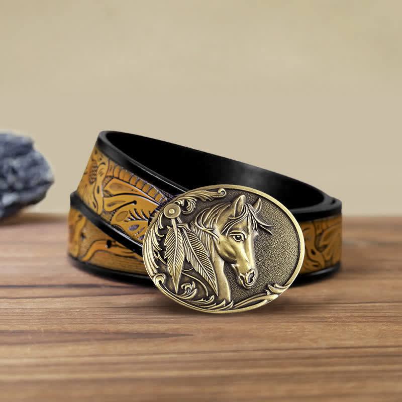 Men's DIY Bronze Horse Buckle Leather Belt - Horse - SandyBrown Belt (40) - image 9
