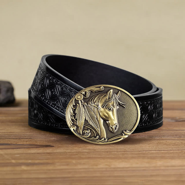 Men's DIY Bronze Horse Buckle Leather Belt - Horse - Black Embossed Weave Belt (40) - image 6