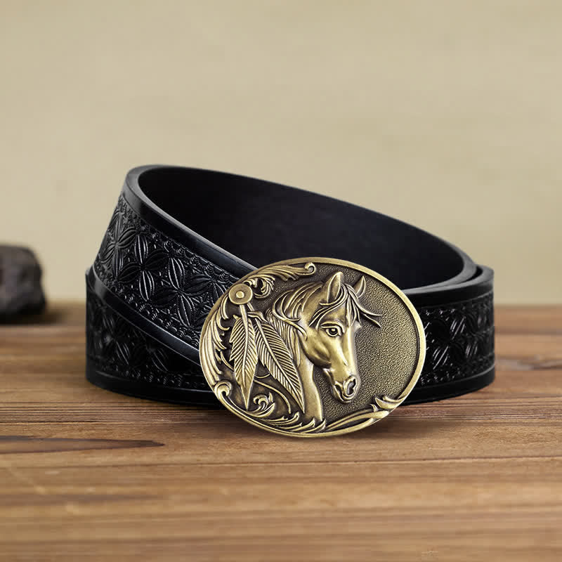 Men's DIY Bronze Horse Buckle Leather Belt - Horse - Black Embossed Weave Belt (40) - image 6