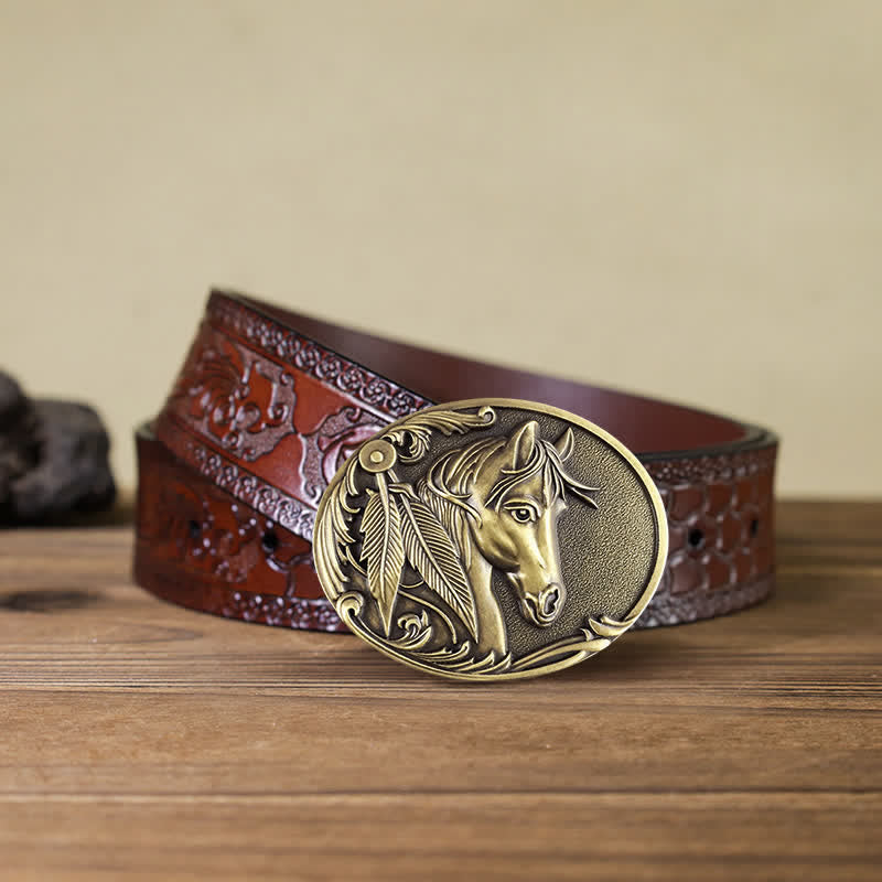 Men's DIY Bronze Horse Buckle Leather Belt - Horse - Brown Carved Belt (40) - image 8