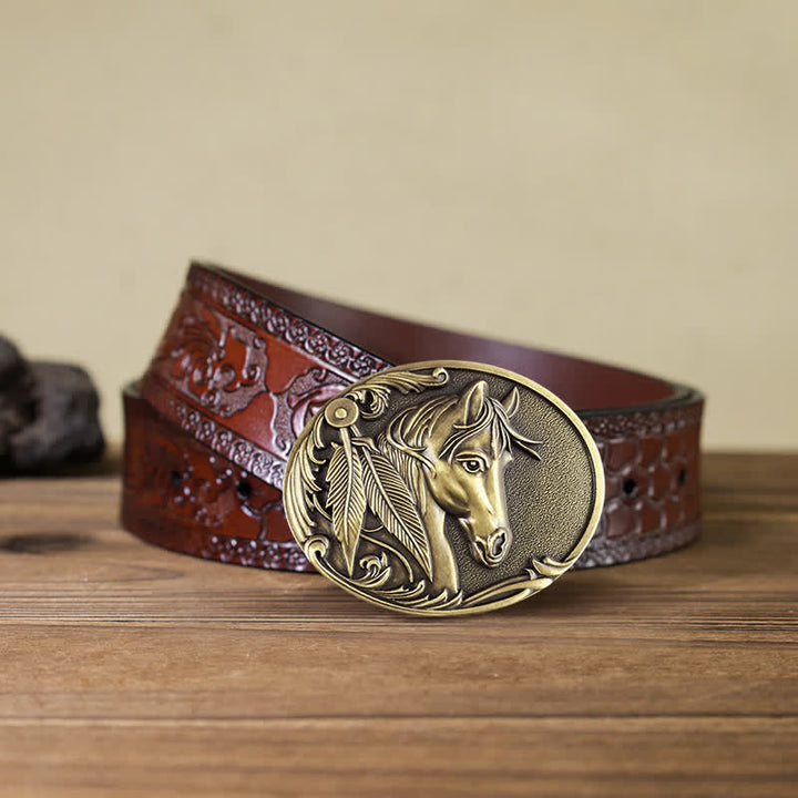 Men's DIY Bronze Horse Buckle Leather Belt - Horse - Brown Carved Belt (40) - image 8