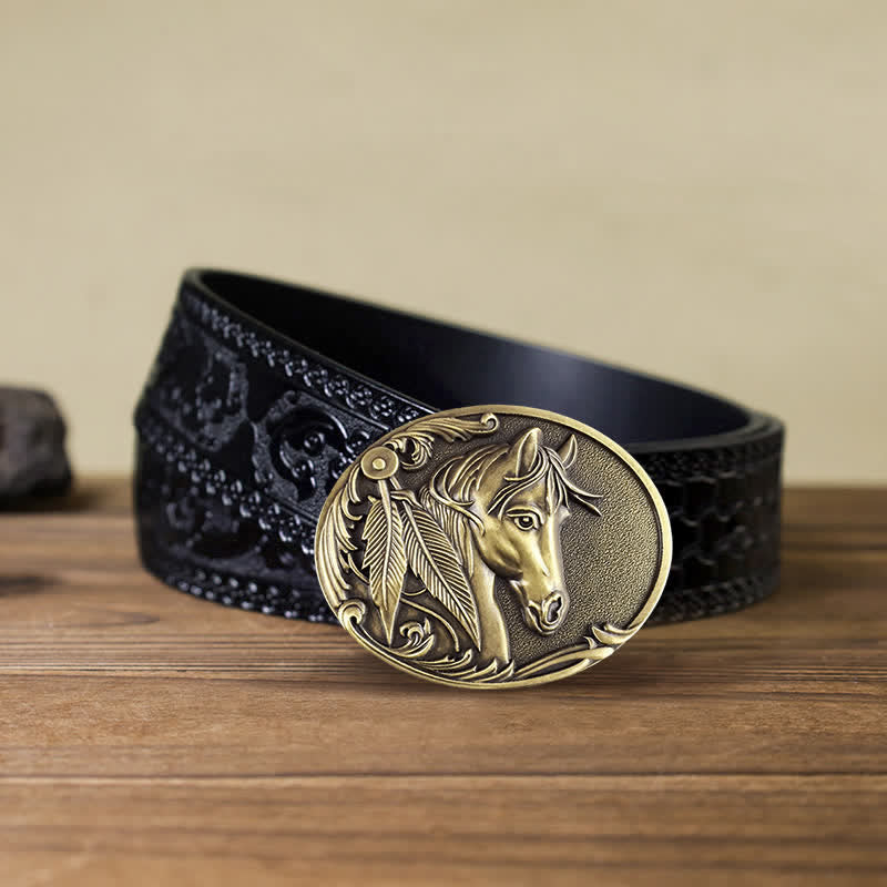 Men's DIY Bronze Horse Buckle Leather Belt - Horse - Black Carved Belt (40) - image 7
