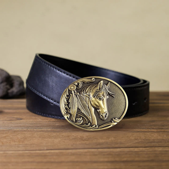 Men's DIY Bronze Horse Buckle Leather Belt - Horse - Black PU Belt (40) - image 4