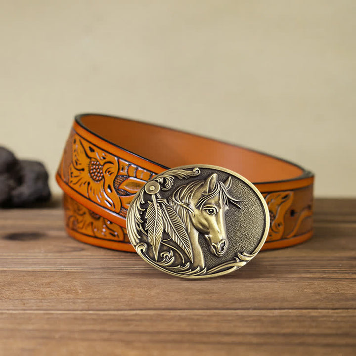 Men's DIY Bronze Horse Buckle Leather Belt - Horse - Orange Carved Belt (40) - image 10