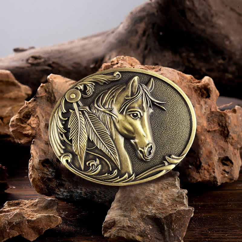 Men's DIY Bronze Horse Buckle Leather Belt - Horse - Without Belt - image 0