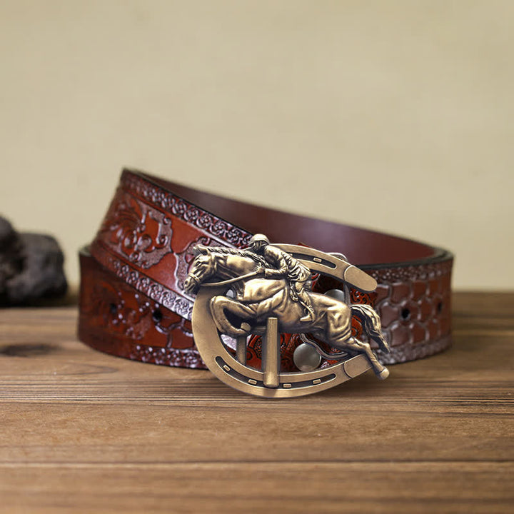 Men's DIY Horsemanship Horse Show Buckle Leather Belt - Horsemanship - Brown Carved Belt (40) - image 8