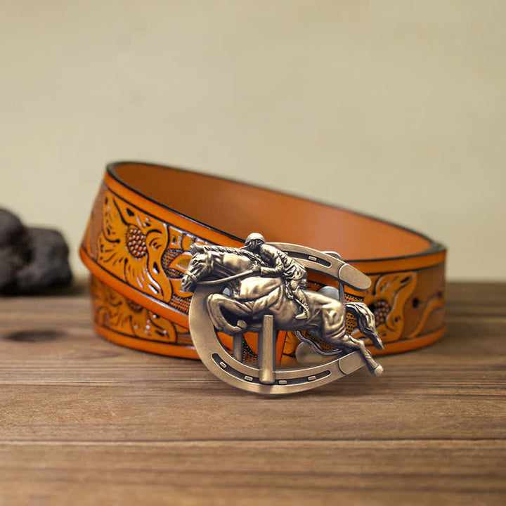Men's DIY Horsemanship Horse Show Buckle Leather Belt - Horsemanship - Orange Carved Belt (40) - image 10