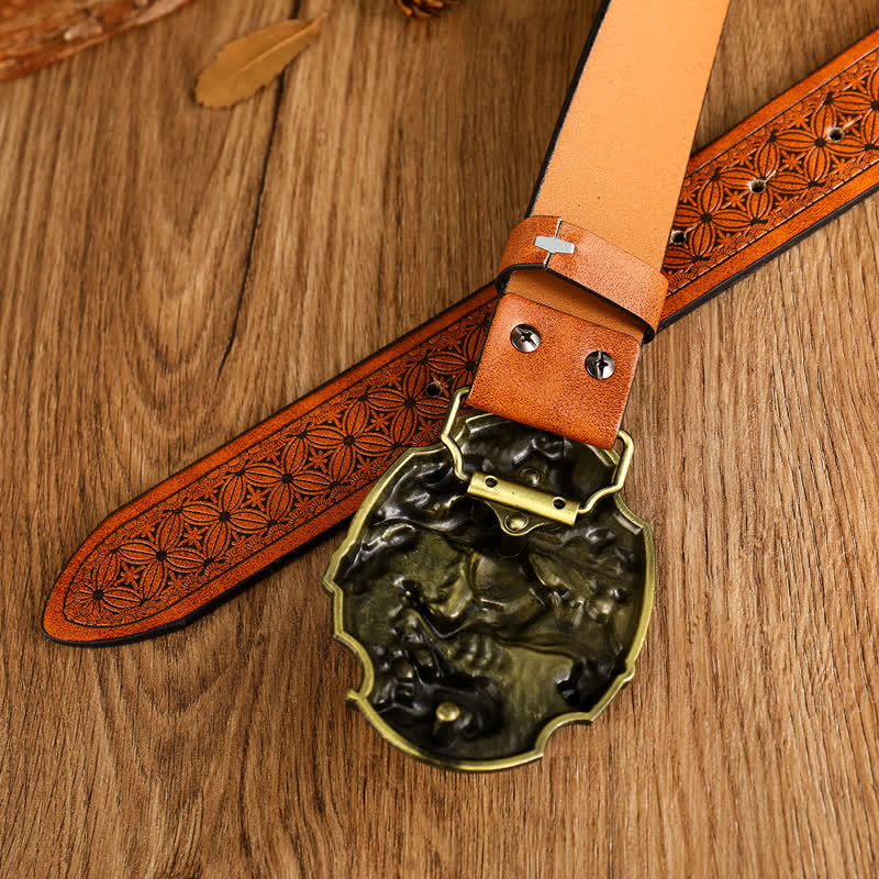 Horse & Cow Buckle Floral Print Leather Belt - image 1