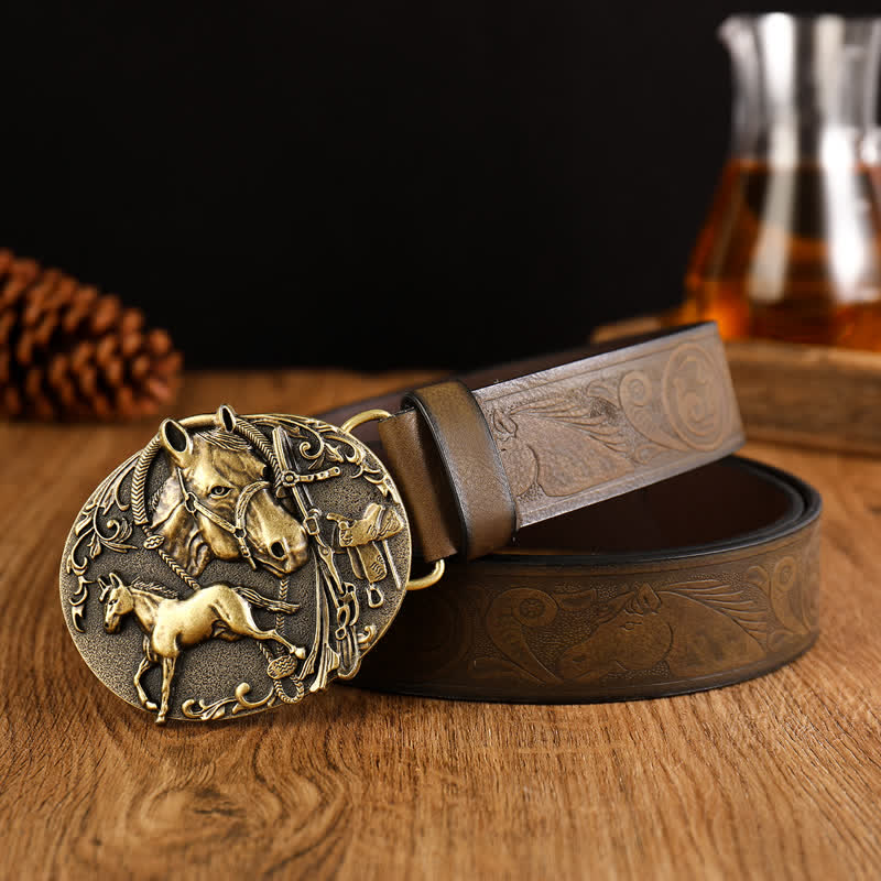 Oval Horse Head Pattern Style Leather Belt - Horse - 42 - image 0