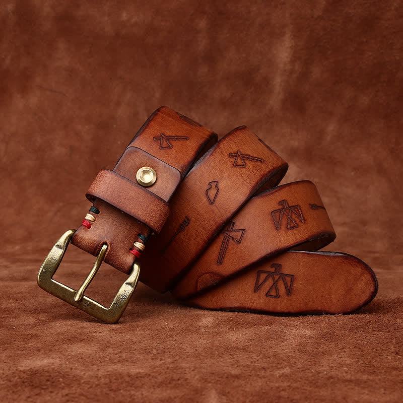 Totem Pattern Laser Engraving Strap Leather Belt - Yellowish-Brown - 44 - image 0