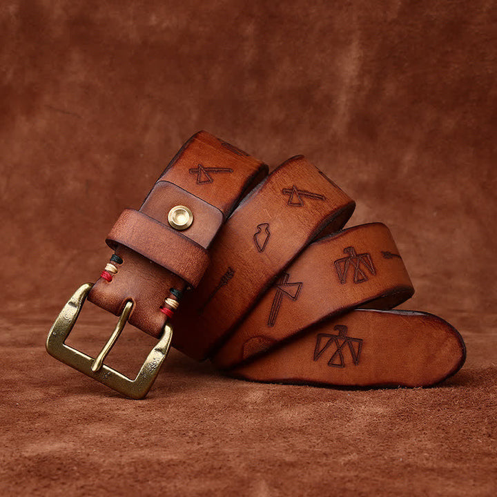 Totem Pattern Laser Engraving Strap Leather Belt - Yellowish-Brown - 44 - image 0
