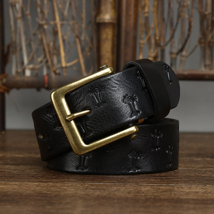 Coconut Tree Embossed Pattern Strap Leather Belt - Black - 44 - image 5