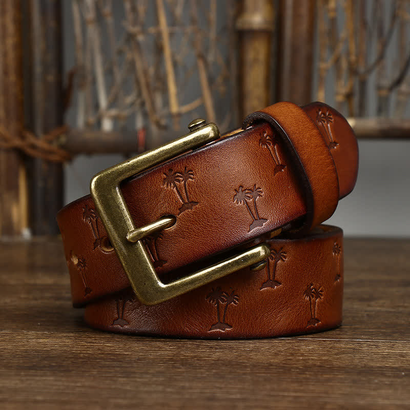 Coconut Tree Embossed Pattern Strap Leather Belt - Yellowish-Brown - 44 - image 0