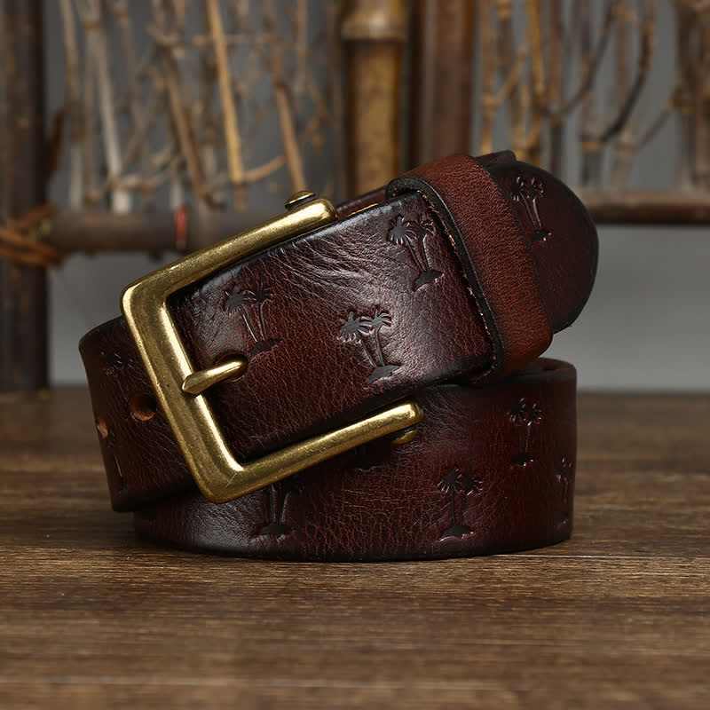 Coconut Tree Embossed Pattern Strap Leather Belt - Coffee - 44 - image 8
