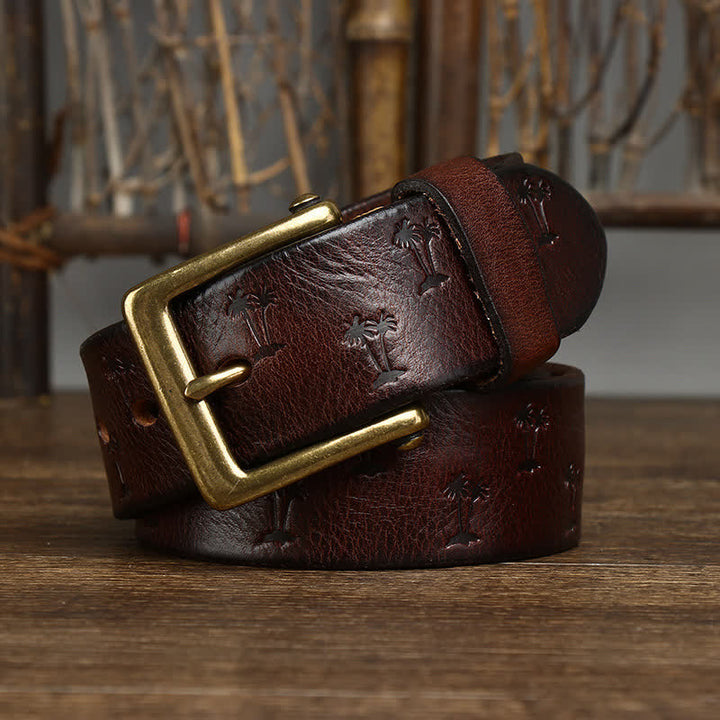 Coconut Tree Embossed Pattern Strap Leather Belt - Coffee - 44 - image 8
