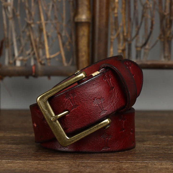Coconut Tree Embossed Pattern Strap Leather Belt - Reddish-Brown - 44 - image 11
