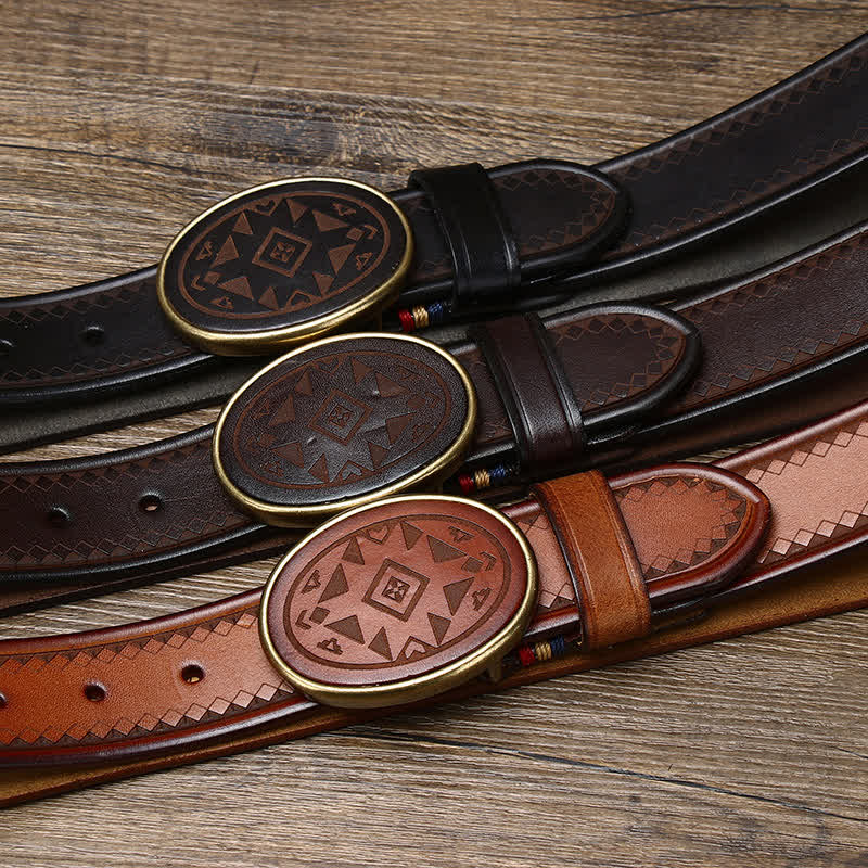 Vintage Engraved Pattern Thick Genuine Leather Belt - image 1