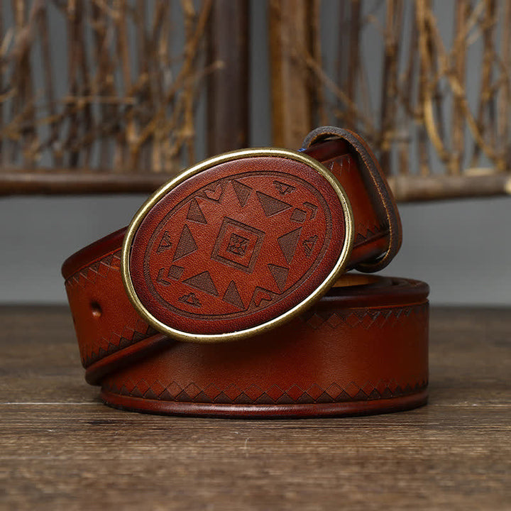 Vintage Engraved Pattern Thick Genuine Leather Belt - image 2