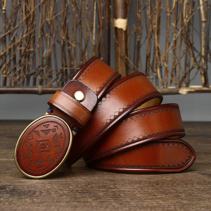 Vintage Engraved Pattern Thick Genuine Leather Belt - Yellowish-Brown - 46 - image 0