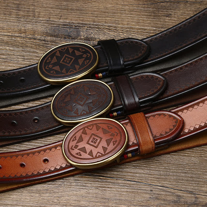 Vintage Engraved Pattern Thick Genuine Leather Belt - image 1