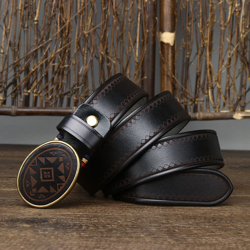 Vintage Engraved Pattern Thick Genuine Leather Belt - Black - 46 - image 4