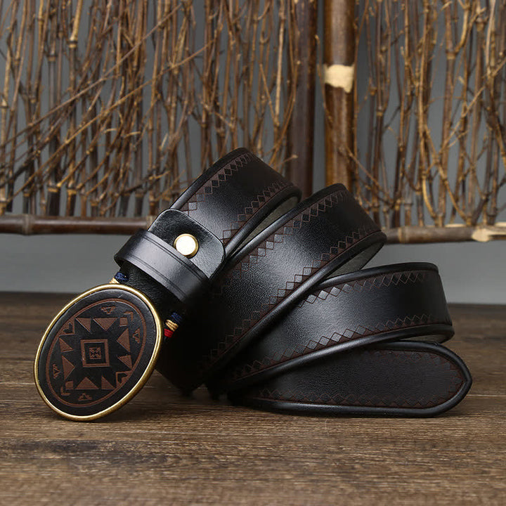 Vintage Engraved Pattern Thick Genuine Leather Belt - Black - 46 - image 4